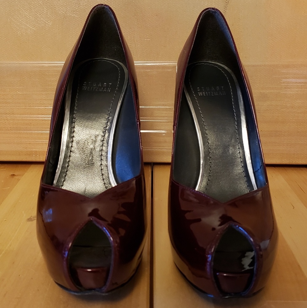 Stuart Weitzman Patent Leather Burgundy Peep-Toe